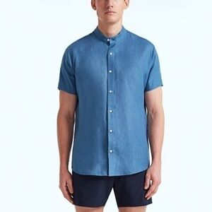 BLUEMINT ERIC SHORT SLEEVE Grandad-Collar Short-Sleeved Linen Shirt coral blue M